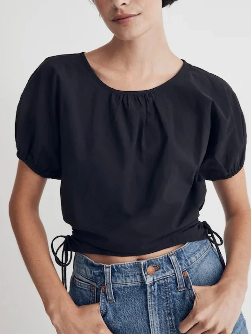 NWT Madewell Embroidered Poplin Puff-Sleeve Cutout Crop Top Size M